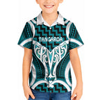 Aotearoa Atua Tangaroa Personalised Kid Hawaiian Shirt God Of The Sea Maori Whale Tail Cyan