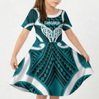 Aotearoa Atua Tangaroa Personalised Kid Short Sleeve Dress God Of The Sea Maori Whale Tail Cyan