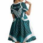 Aotearoa Atua Tangaroa Personalised Kid Short Sleeve Dress God Of The Sea Maori Whale Tail Cyan