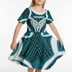 Aotearoa Atua Tangaroa Personalised Kid Short Sleeve Dress God Of The Sea Maori Whale Tail Cyan