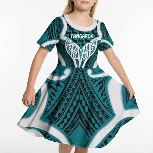 Aotearoa Atua Tangaroa Personalised Kid Short Sleeve Dress God Of The Sea Maori Whale Tail Cyan