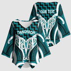 Aotearoa Atua Tangaroa Personalised Kimono Sleeve Blouse God Of The Sea Maori Whale Tail Cyan