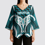 Aotearoa Atua Tangaroa Personalised Kimono Sleeve Blouse God Of The Sea Maori Whale Tail Cyan