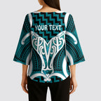 Aotearoa Atua Tangaroa Personalised Kimono Sleeve Blouse God Of The Sea Maori Whale Tail Cyan