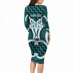 Aotearoa Atua Tangaroa Personalised Long Sleeve Bodycon Dress God Of The Sea Maori Whale Tail Cyan
