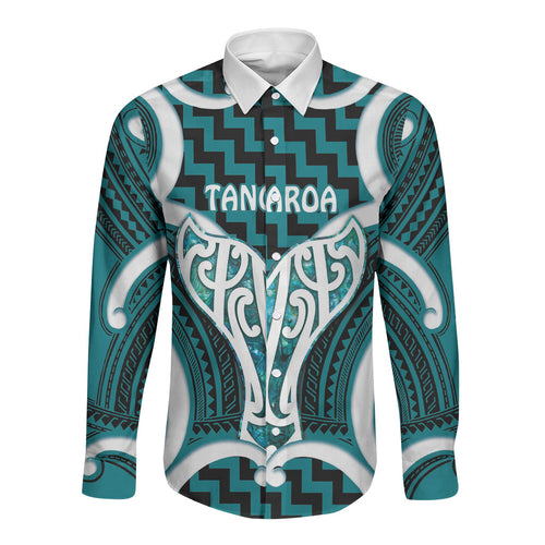 Aotearoa Atua Tangaroa Personalised Long Sleeve Button Shirt God Of The Sea Maori Whale Tail Cyan