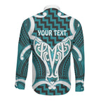 Aotearoa Atua Tangaroa Personalised Long Sleeve Button Shirt God Of The Sea Maori Whale Tail Cyan