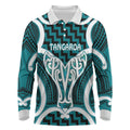 Aotearoa Atua Tangaroa Personalised Long Sleeve Polo Shirt God Of The Sea Maori Whale Tail Cyan