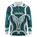 Aotearoa Atua Tangaroa Personalised Long Sleeve Polo Shirt God Of The Sea Maori Whale Tail Cyan