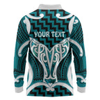 Aotearoa Atua Tangaroa Personalised Long Sleeve Polo Shirt God Of The Sea Maori Whale Tail Cyan