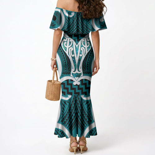 Aotearoa Atua Tangaroa Personalised Mermaid Dress God Of The Sea Maori Whale Tail Cyan