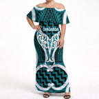 Aotearoa Atua Tangaroa Personalised Off Shoulder Maxi Dress God Of The Sea Maori Whale Tail Cyan
