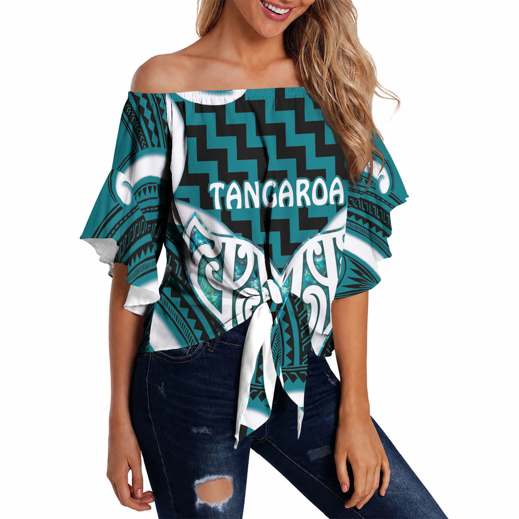 Aotearoa Atua Tangaroa Personalised Off Shoulder Wrap Waist Top God Of The Sea Maori Whale Tail Cyan