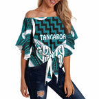 Aotearoa Atua Tangaroa Personalised Off Shoulder Wrap Waist Top God Of The Sea Maori Whale Tail Cyan
