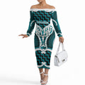 Aotearoa Atua Tangaroa Personalised Off The Shoulder Long Sleeve Dress God Of The Sea Maori Whale Tail Cyan