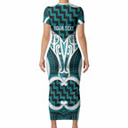Aotearoa Atua Tangaroa Personalised Short Sleeve Bodycon Dress God Of The Sea Maori Whale Tail Cyan