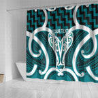 Aotearoa Atua Tangaroa Personalised Shower Curtain God Of The Sea Maori Whale Tail Cyan