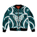 Aotearoa Atua Tangaroa Personalised Sleeve Zip Bomber Jacket God Of The Sea Maori Whale Tail Cyan