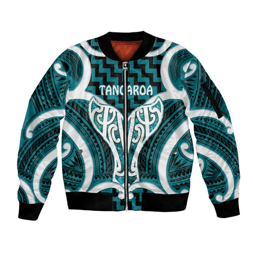 Aotearoa Atua Tangaroa Personalised Sleeve Zip Bomber Jacket God Of The Sea Maori Whale Tail Cyan