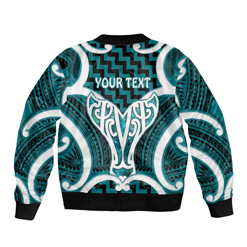 Aotearoa Atua Tangaroa Personalised Sleeve Zip Bomber Jacket God Of The Sea Maori Whale Tail Cyan