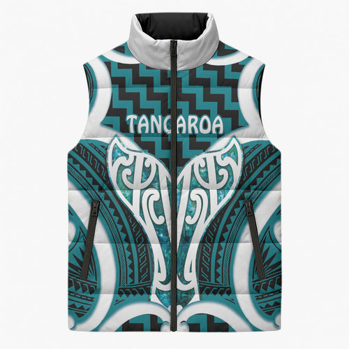 Aotearoa Atua Tangaroa Personalised Sleeveless Puffer Jacket God Of The Sea Maori Whale Tail Cyan
