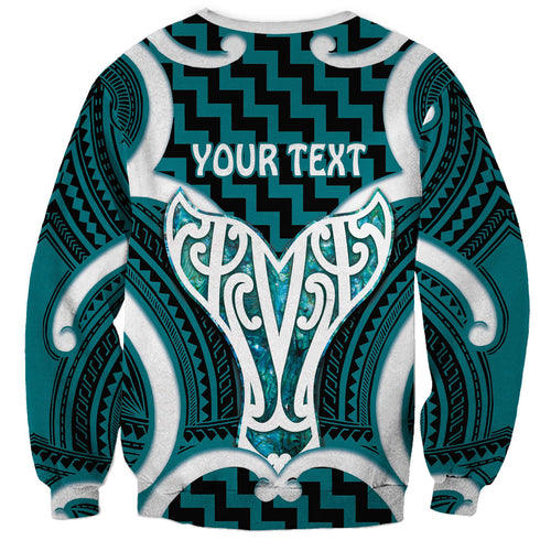 Aotearoa Atua Tangaroa Personalised Sweatshirt God Of The Sea Maori Whale Tail Cyan