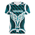 Aotearoa Atua Tangaroa Personalised Women V-Neck T-Shirt God Of The Sea Maori Whale Tail Cyan