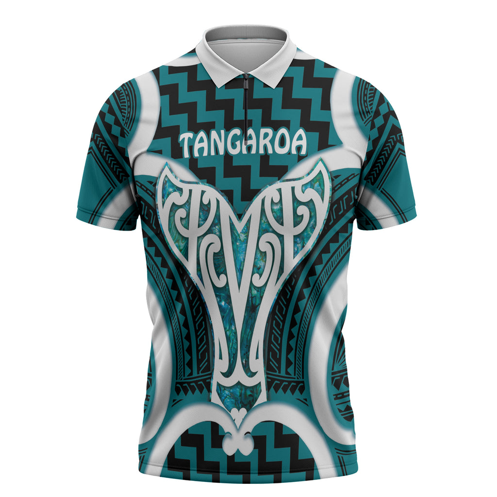 Aotearoa Atua Tangaroa Personalised Zipper Polo Shirt God Of The Sea Maori Whale Tail Cyan