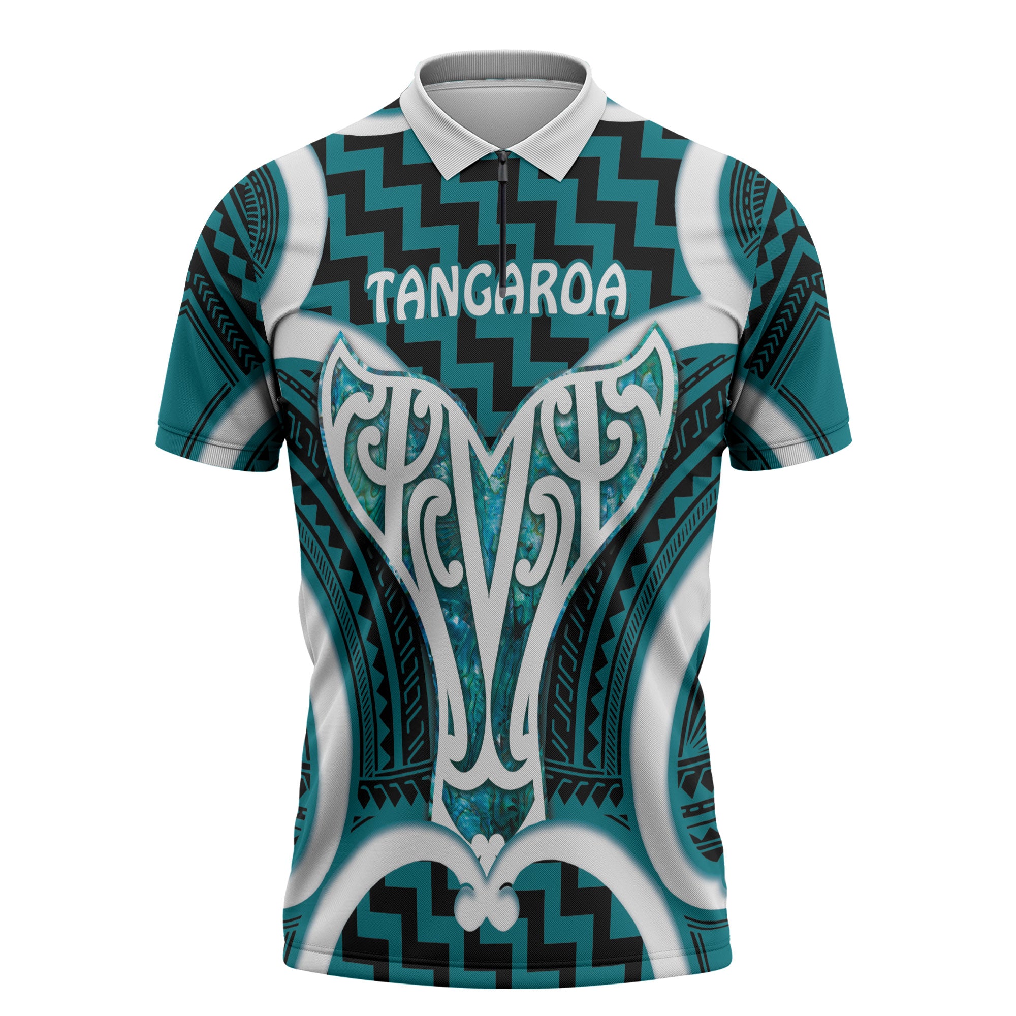 Aotearoa Atua Tangaroa Personalised Zipper Polo Shirt God Of The Sea Maori Whale Tail Cyan