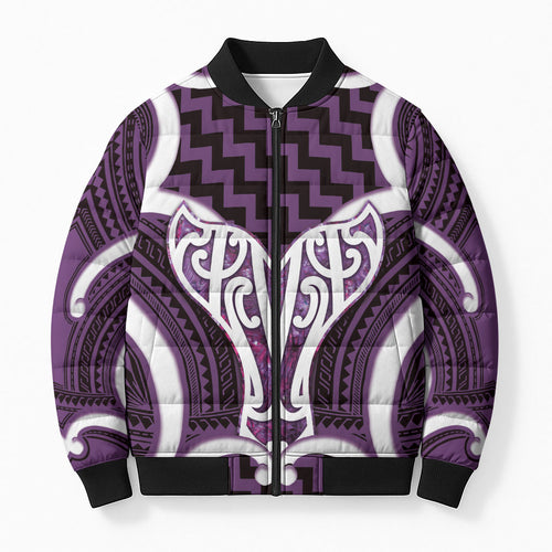 Aotearoa Atua Tangaroa Personalised Bomber Puffer Jacket God Of The Sea Maori Whale Tail Purple