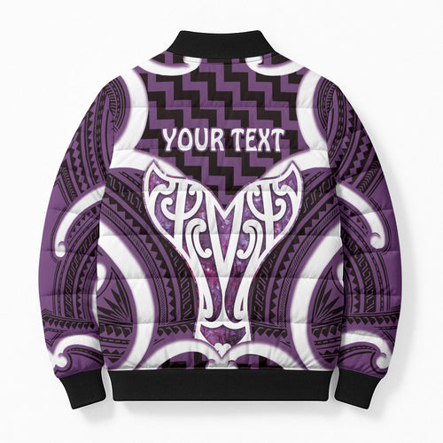 Aotearoa Atua Tangaroa Personalised Bomber Puffer Jacket God Of The Sea Maori Whale Tail Purple