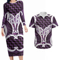 Aotearoa Atua Tangaroa Personalised Couples Matching Long Sleeve Bodycon Dress and Hawaiian Shirt God Of The Sea Maori Whale Tail Purple