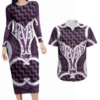Aotearoa Atua Tangaroa Personalised Couples Matching Long Sleeve Bodycon Dress and Hawaiian Shirt God Of The Sea Maori Whale Tail Purple