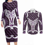 Aotearoa Atua Tangaroa Personalised Couples Matching Long Sleeve Bodycon Dress and Long Sleeve Button Shirt God Of The Sea Maori Whale Tail Purple