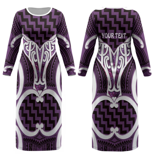 Aotearoa Atua Tangaroa Personalised Couples Matching Long Sleeve Bodycon Dress and Long Sleeve Button Shirt God Of The Sea Maori Whale Tail Purple