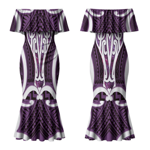 Aotearoa Atua Tangaroa Personalised Couples Matching Mermaid Dress and Hawaiian Shirt God Of The Sea Maori Whale Tail Purple