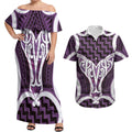 Aotearoa Atua Tangaroa Personalised Couples Matching Off Shoulder Maxi Dress and Hawaiian Shirt God Of The Sea Maori Whale Tail Purple