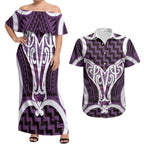 Aotearoa Atua Tangaroa Personalised Couples Matching Off Shoulder Maxi Dress and Hawaiian Shirt God Of The Sea Maori Whale Tail Purple