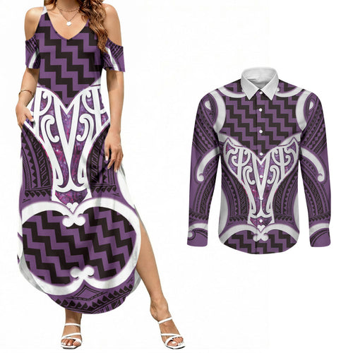 Aotearoa Atua Tangaroa Personalised Couples Matching Summer Maxi Dress and Long Sleeve Button Shirt God Of The Sea Maori Whale Tail Purple