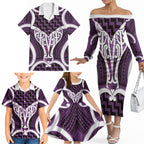 Aotearoa Atua Tangaroa Personalised Family Matching Off The Shoulder Long Sleeve Dress and Hawaiian Shirt God Of The Sea Maori Whale Tail Purple