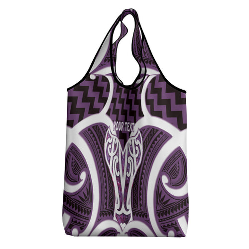 Aotearoa Atua Tangaroa Personalised Grocery Bag God Of The Sea Maori Whale Tail Purple