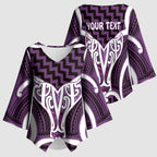 Aotearoa Atua Tangaroa Personalised Kimono Sleeve Blouse God Of The Sea Maori Whale Tail Purple