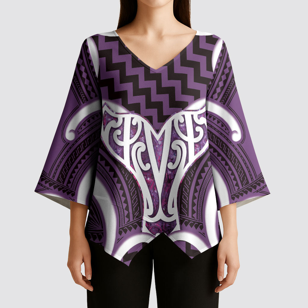 Aotearoa Atua Tangaroa Personalised Kimono Sleeve Blouse God Of The Sea Maori Whale Tail Purple