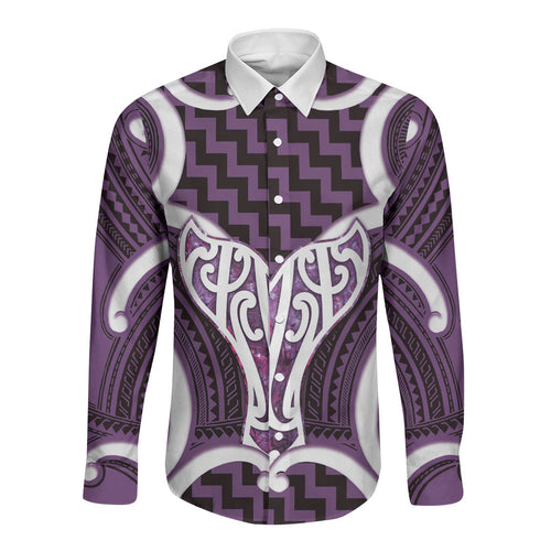 Aotearoa Atua Tangaroa Personalised Long Sleeve Button Shirt God Of The Sea Maori Whale Tail Purple