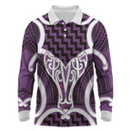 Aotearoa Atua Tangaroa Personalised Long Sleeve Polo Shirt God Of The Sea Maori Whale Tail Purple
