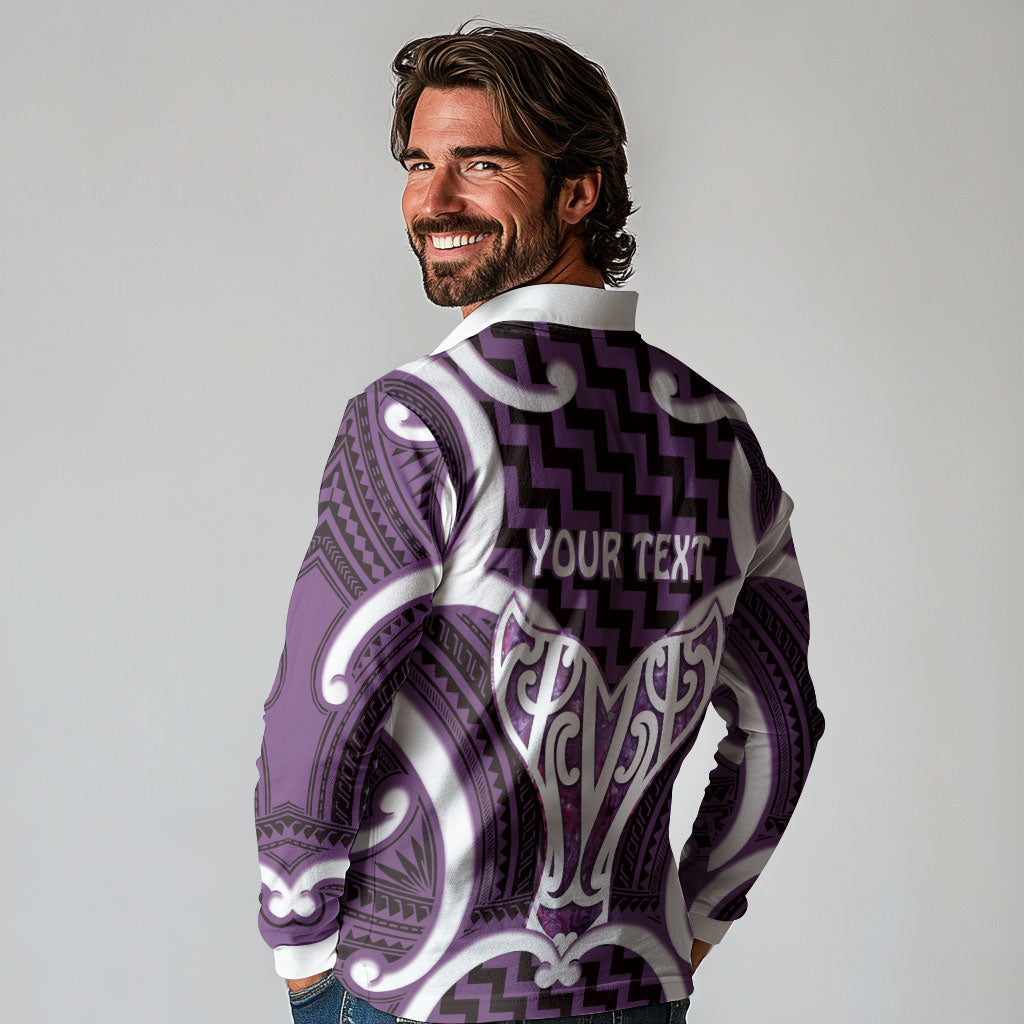 Aotearoa Atua Tangaroa Personalised Long Sleeve Polo Shirt God Of The Sea Maori Whale Tail Purple