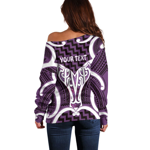 Aotearoa Atua Tangaroa Personalised Off Shoulder Sweater God Of The Sea Maori Whale Tail Purple