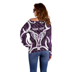 Aotearoa Atua Tangaroa Personalised Off Shoulder Sweater God Of The Sea Maori Whale Tail Purple
