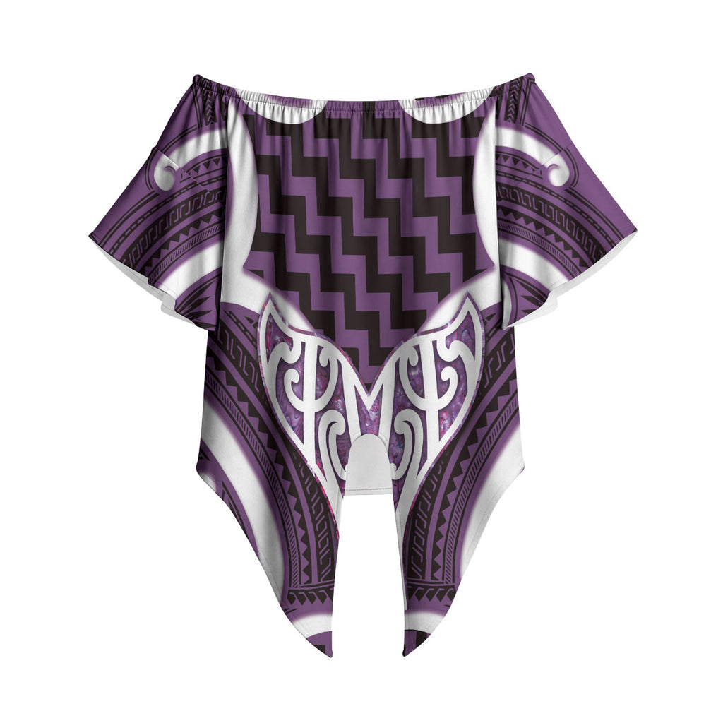 Aotearoa Atua Tangaroa Personalised Off Shoulder Wrap Waist Top God Of The Sea Maori Whale Tail Purple