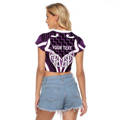 Aotearoa Atua Tangaroa Personalised Raglan Cropped T Shirt God Of The Sea Maori Whale Tail Purple